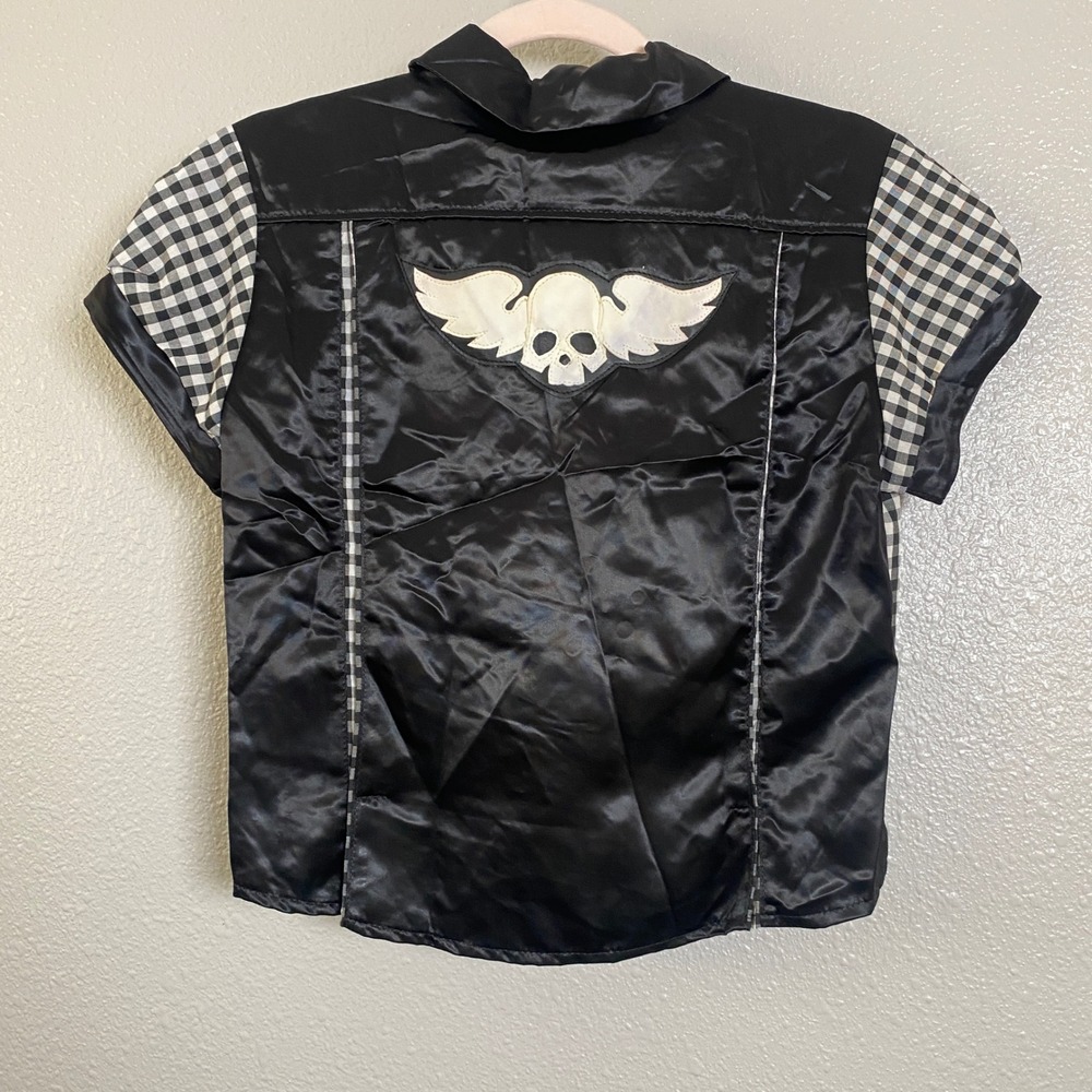 Vintage Rockabilly Blouse Large Gothic Punk Biker Chic 50s Retro Gingham Skull